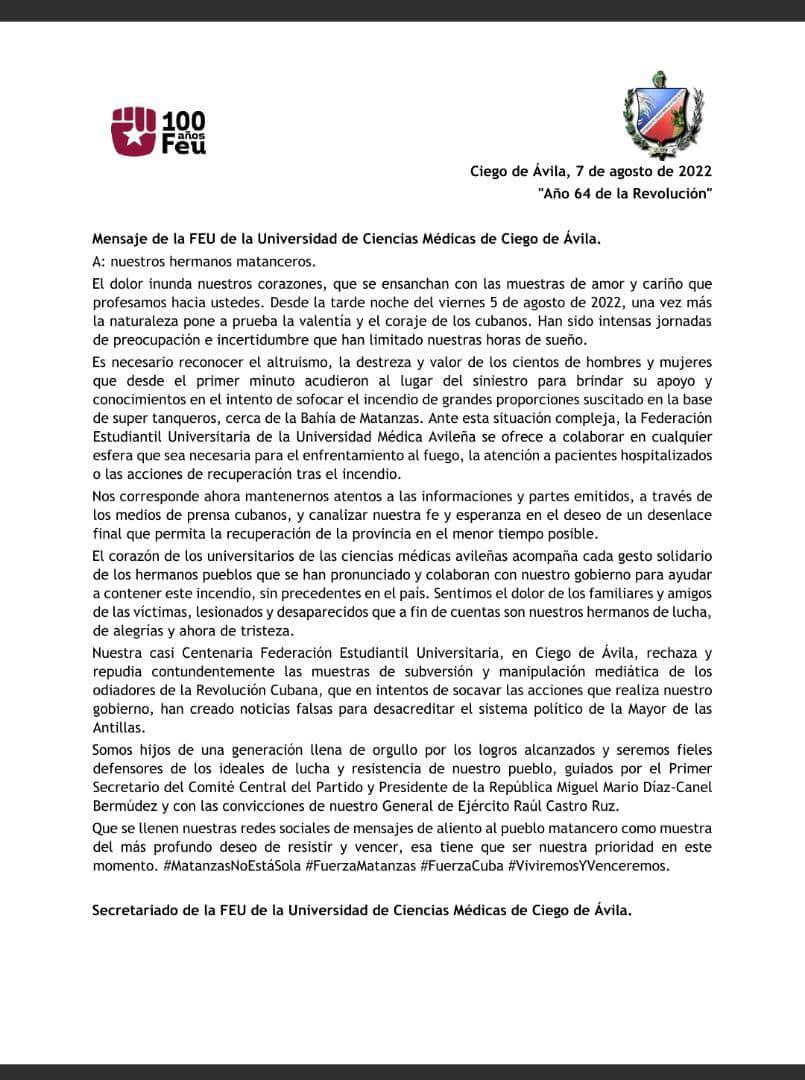 Mensaje de la FEU de la Universidad de Ciencias Médicas de Ciego de Ávila a los matanceros